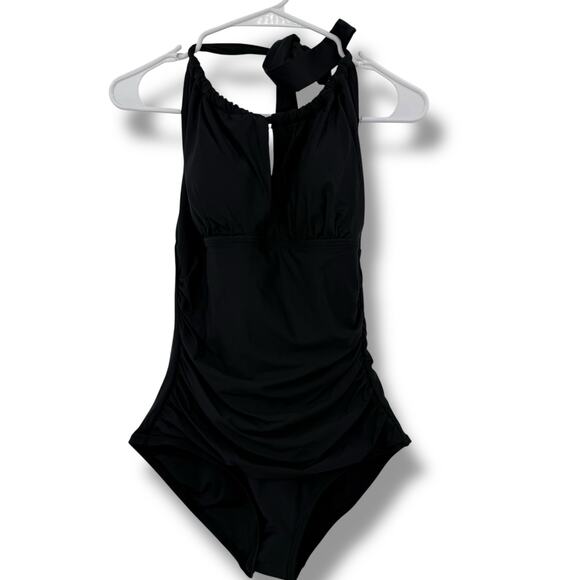 NEW Calvin Klein Black One Piece Swimsuit Size 10 Keyhole Halter Ruched Swim - Picture 1 of 7